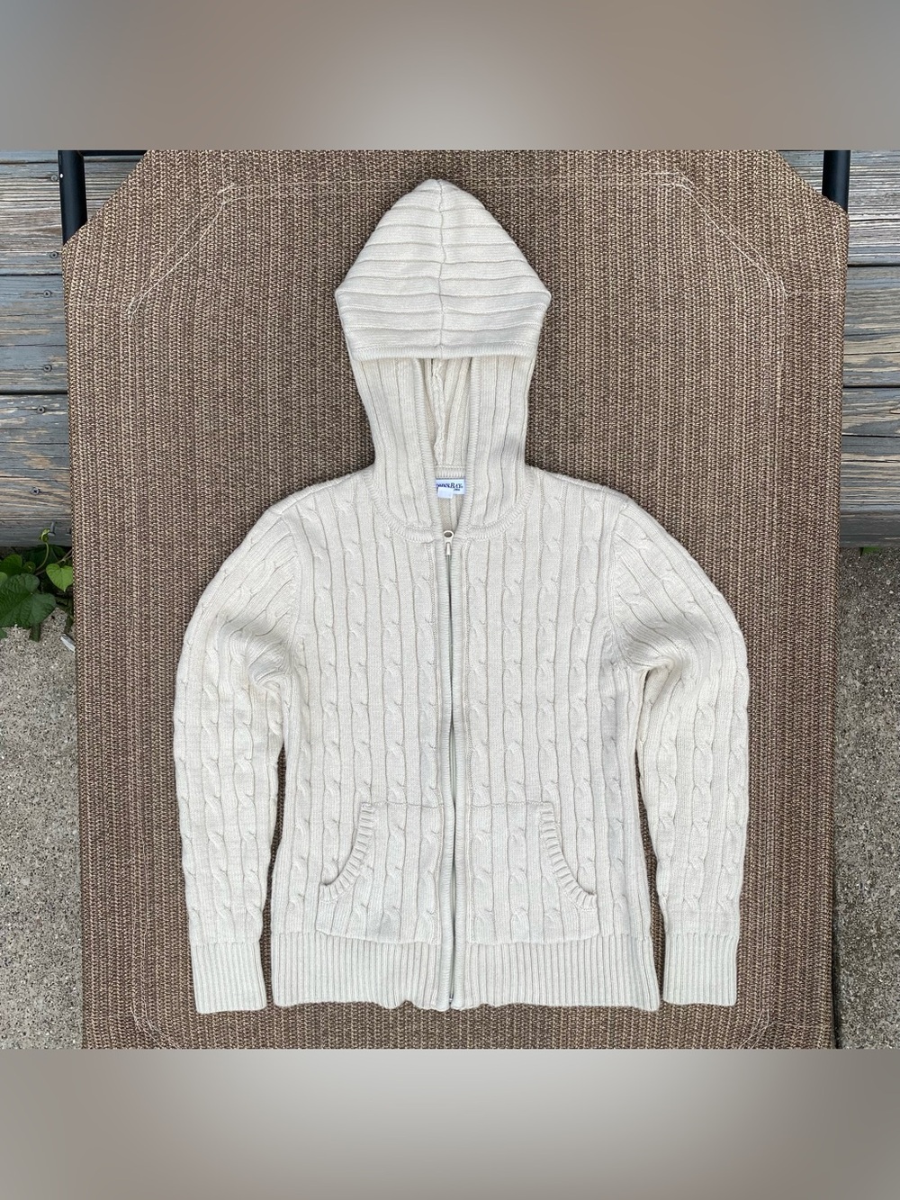 St John's Bay Cream Cable Knit Full Zip Hoodie Sweater Small